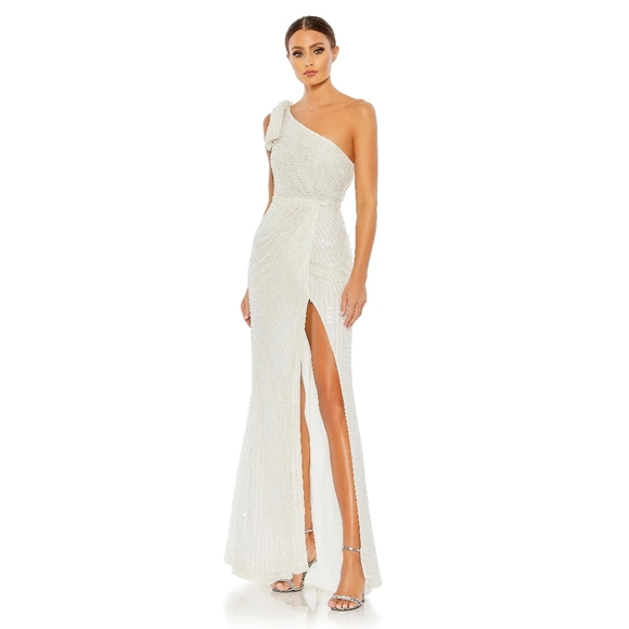 NWT Sz 10 Mac Duggal 93735 Pearl Embellished Soft Tie One Shoulder Gown - Picture 1 of 6